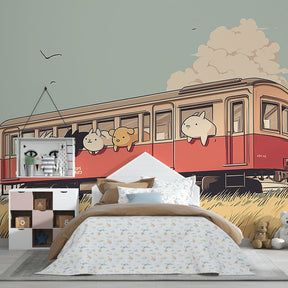 Vintage train mural wallpaper creating magical adventure atmosphere in children's bedroom