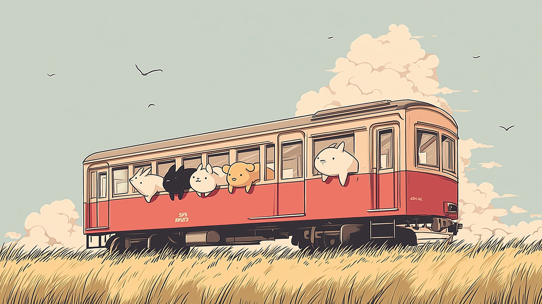 Detailed train animals mural wallpaper design pattern showing vintage railway with cute animals by Kids-Mundo