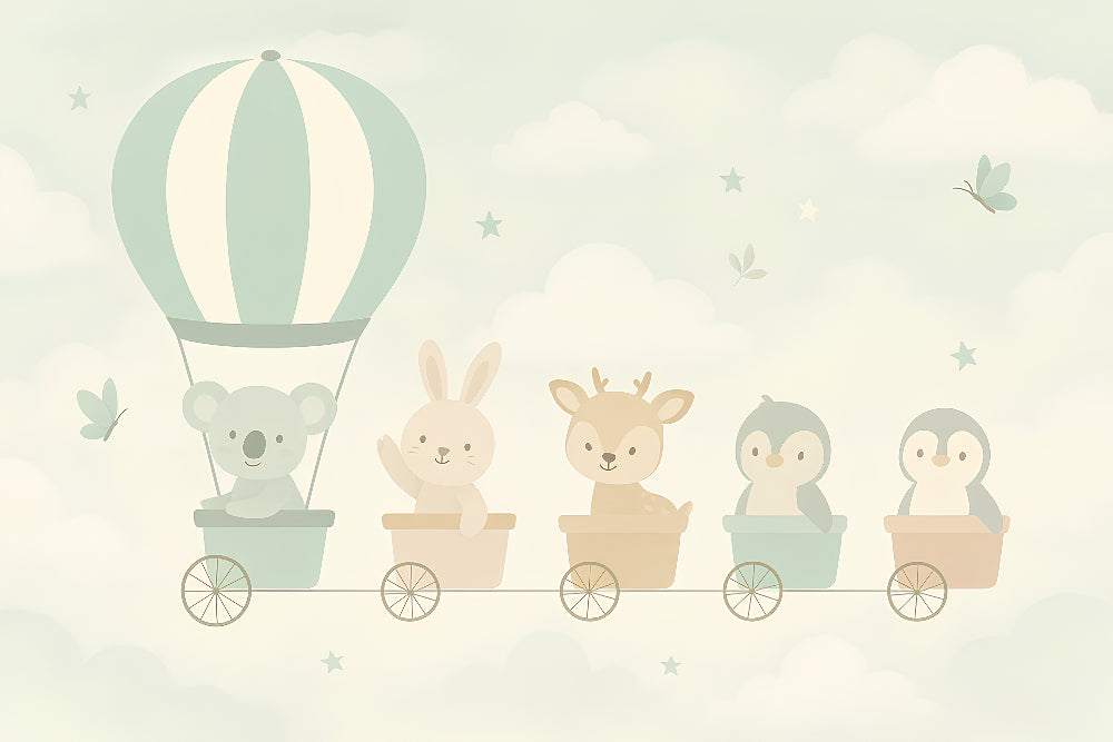 Detailed train animals mural wallpaper design pattern with koala balloon and sky creatures by Kids-Mundo