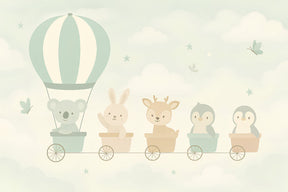 Detailed train animals mural wallpaper design pattern with koala balloon and sky creatures by Kids-Mundo