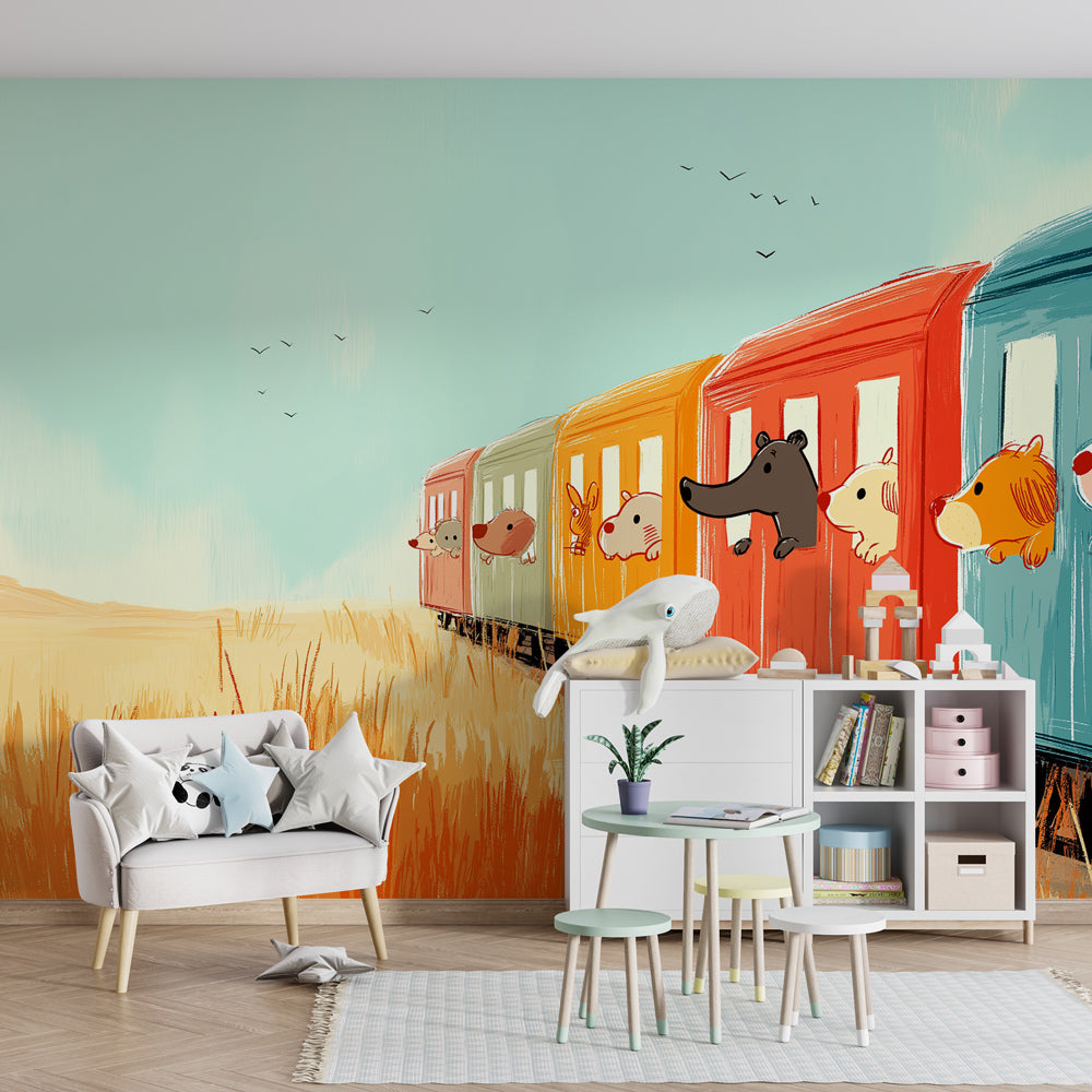 Colorful animal train mural wallpaper transforming toddler room into adventure space