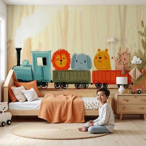 Train animals mural wallpaper in bright nursery with wooden furniture by Kids-Mundo