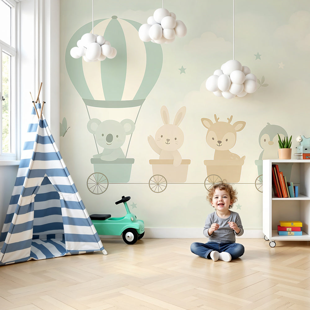 Train animals mural wallpaper featuring koala and woodland creatures in modern nursery by Kids-Mundo