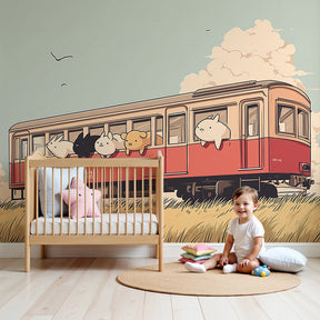 Train animals mural wallpaper in cozy nursery with vintage railway adventure theme by Kids-Mundo