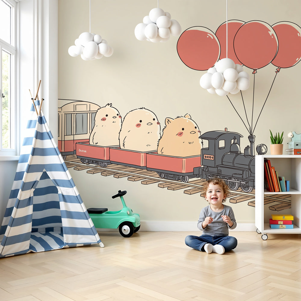 Train animals mural wallpaper in cozy nursery setting with natural wood furniture by Kids-Mundo
