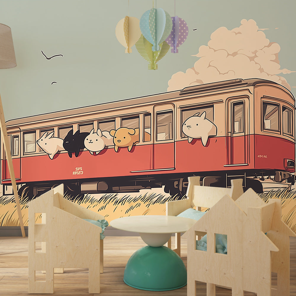 Whimsical train and animals wallpaper transforming kids playroom into railway adventure space