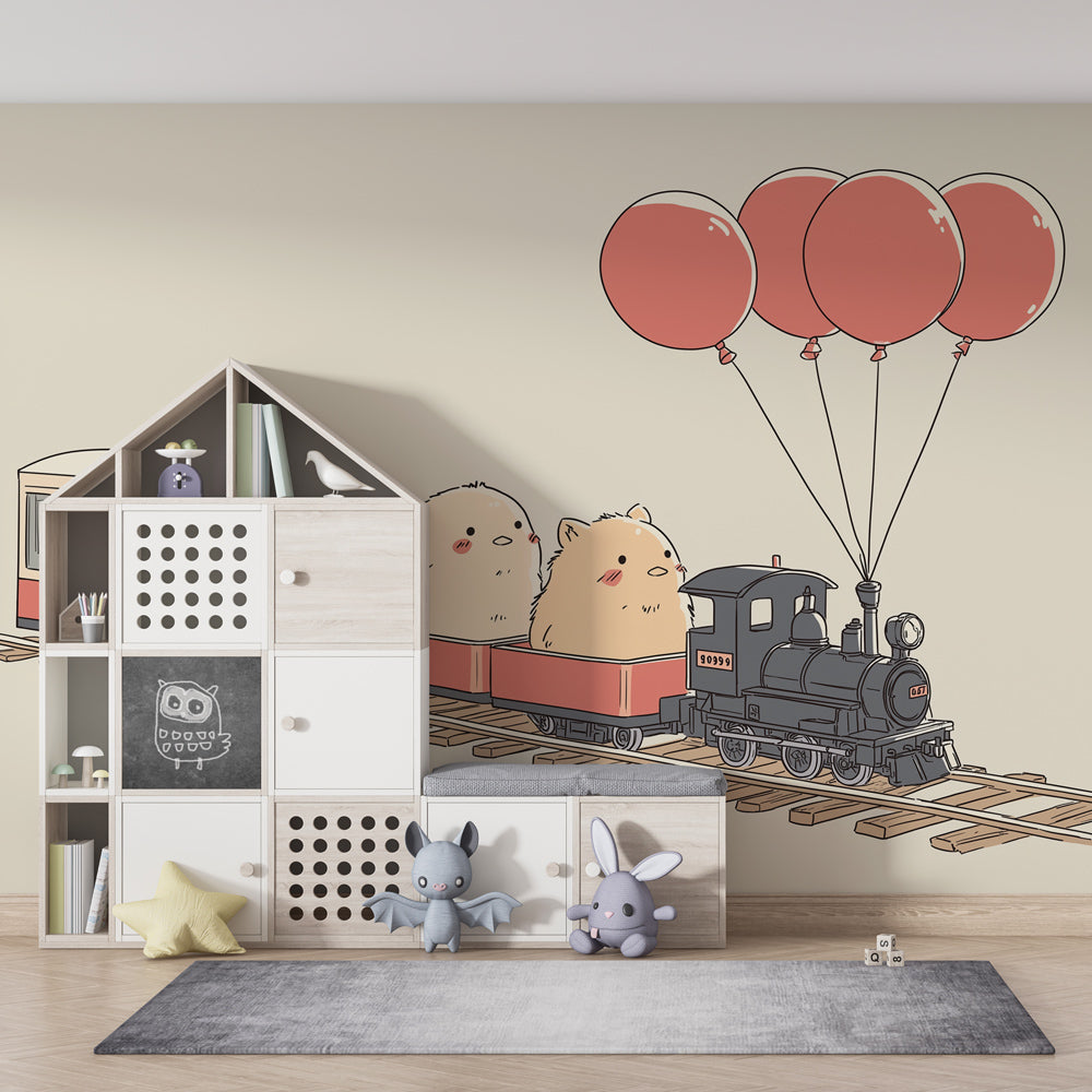 Cute train with animals and balloons mural wallpaper creating magical children's playroom atmosphere