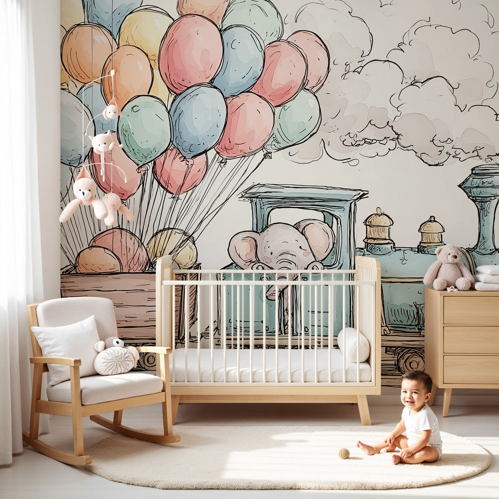 Train elephant balloon mural wallpaper in modern nursery room setting by Kids-Mundo