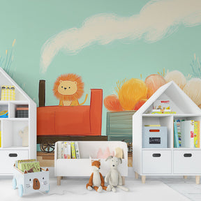 Red train lion wallpaper creating playful atmosphere in children's bedroom decor