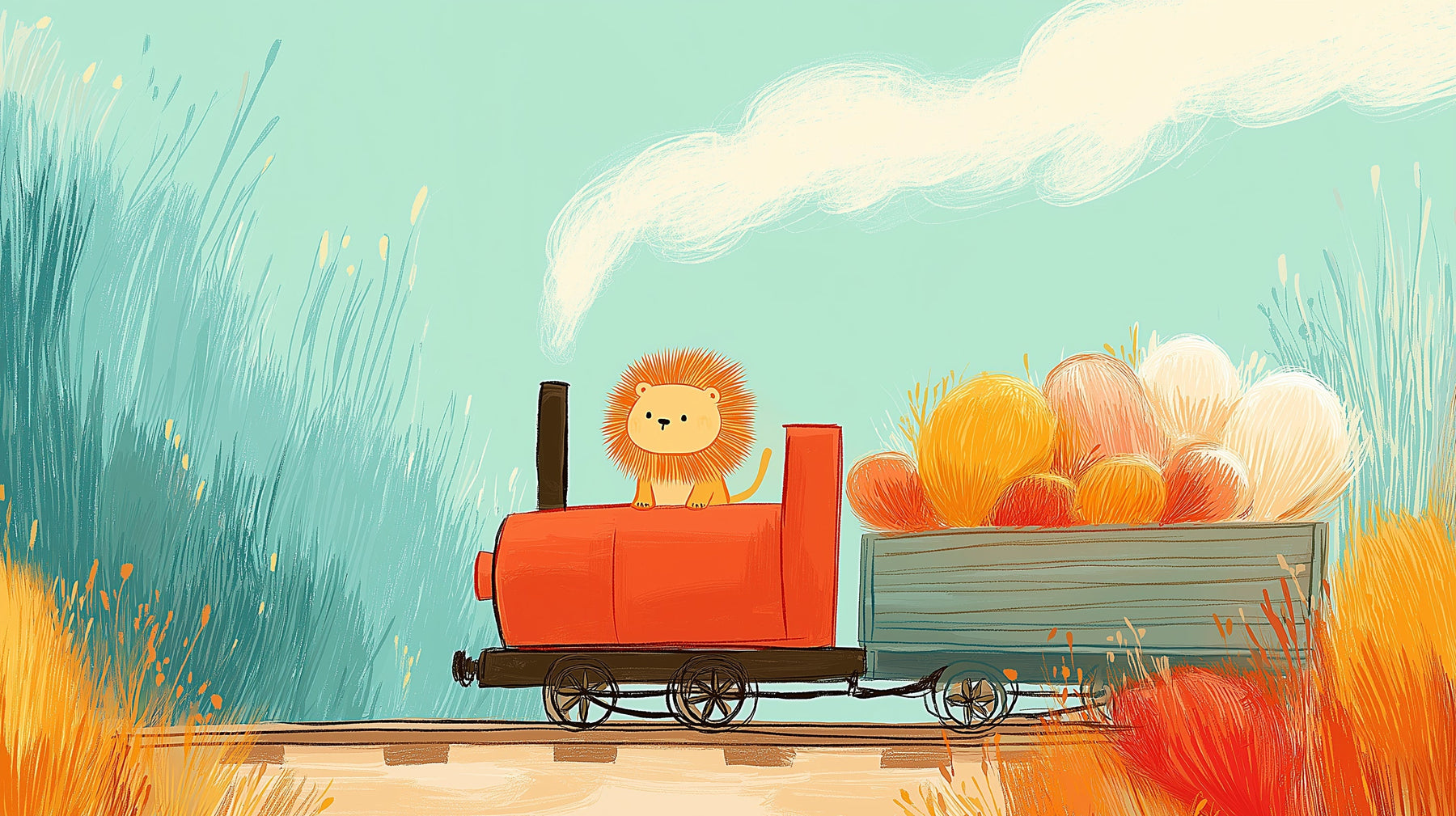 Detailed train and lion mural wallpaper design pattern with balloons by Kids-Mundo