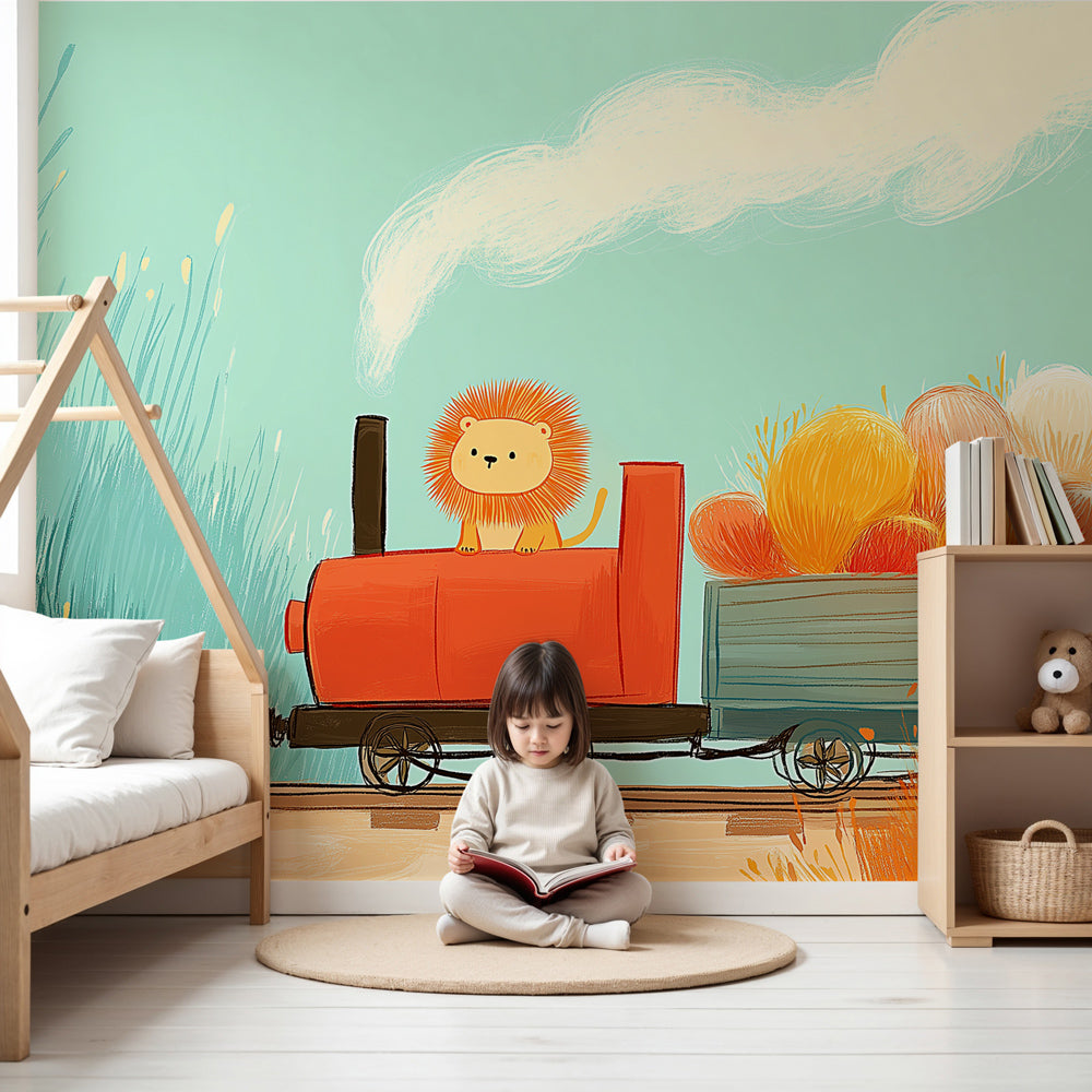 Train and lion mural wallpaper in modern nursery with colorful adventure theme by Kids-Mundo