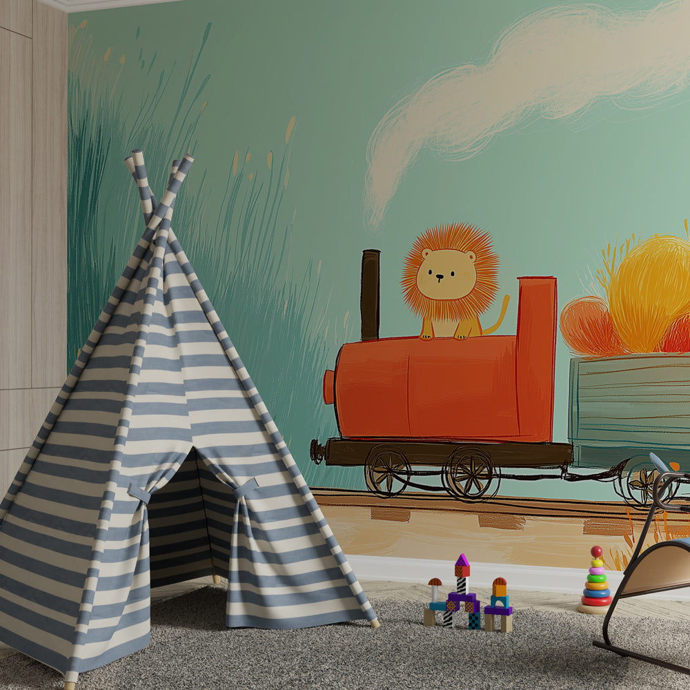 Adventure train wallpaper with smiling lion perfect for kids playroom by Kids-Mundo