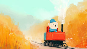 Detailed teddy bear train mural wallpaper design pattern showing locomotive and landscape by Kids-Mundo