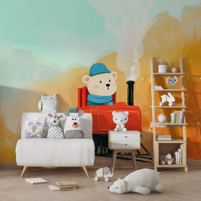 Adventure train mural wallpaper transforming toddler room into magical play space