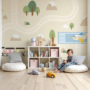 Transportation adventure mural wallpaper with trains and planes in modern kids nursery by Kids-Mundo