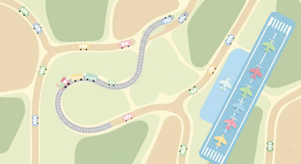 Detailed transportation mural wallpaper design pattern with trains, planes and cars by Kids-Mundo