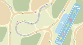 Detailed transportation mural wallpaper design pattern with trains, planes and cars by Kids-Mundo