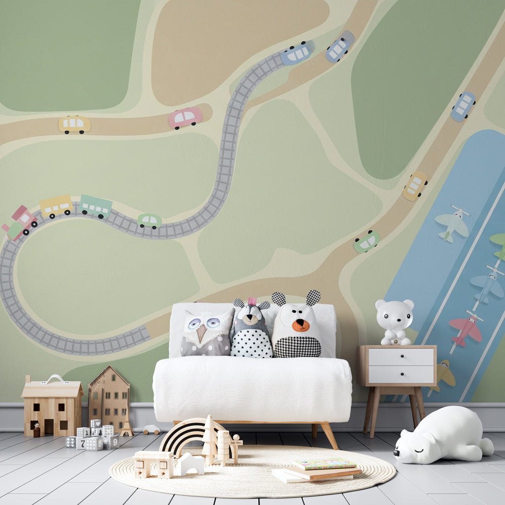 Transportation theme wallpaper creating adventurous playroom atmosphere with vehicle designs