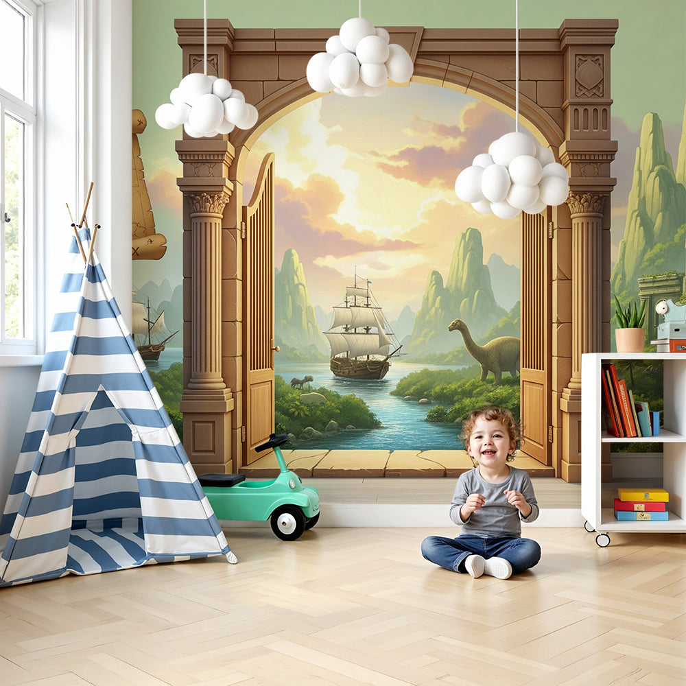 Kids-Mundo treasure doorway dinosaur wall mural in a warm green nursery