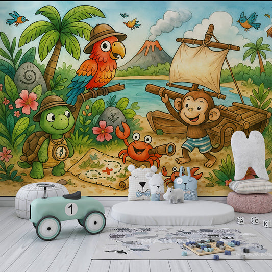 Kids-Mundo jungle adventure wall mural covering a feature wall in a child's bedroom.