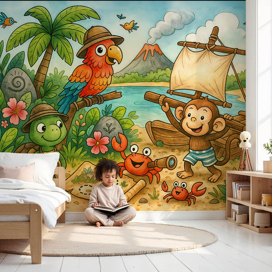 Kids-Mundo treasure island jungle wall mural in a warm nursery with a cot and rug.