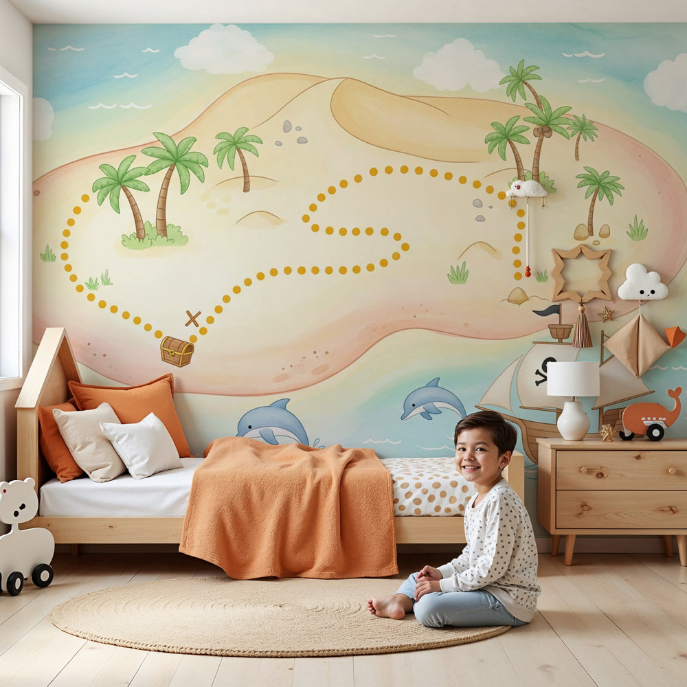 Treasure island pirate mural wallpaper in modern nursery with nautical decor by Kids-Mundo