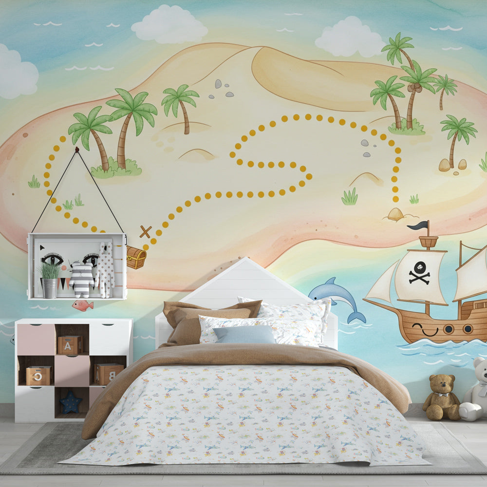 Tropical pirate island wallpaper featuring treasure map and dolphins in kids playroom