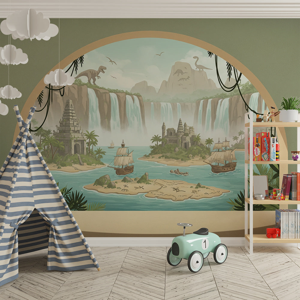 Kids-Mundo treasure lagoon mural covering a wall behind a bed in an adventure-themed kids bedroom.
