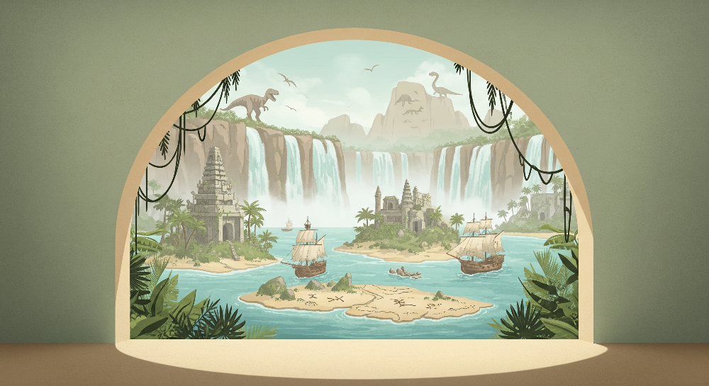Kids-Mundo flat artwork of a lagoon with ruins, ships, a treasure map and watching dinosaurs.