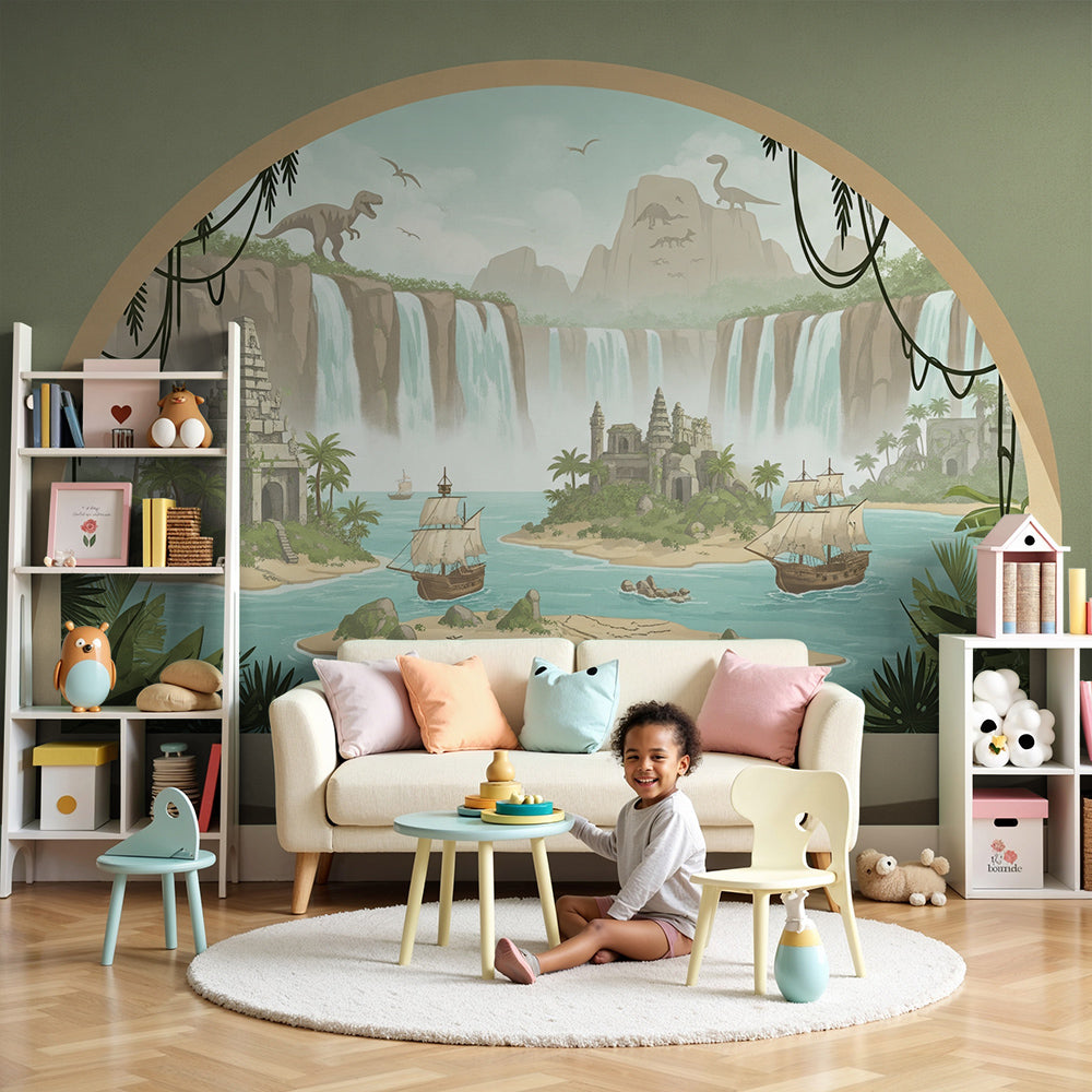 Kids-Mundo dinosaur treasure lagoon wall mural in a soft blue nursery with a crib nearby.