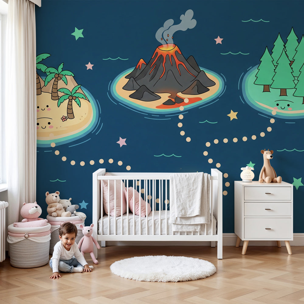 Treasure map mural wallpaper creating magical pirate adventure atmosphere in kids bedroom by Kids-Mundo