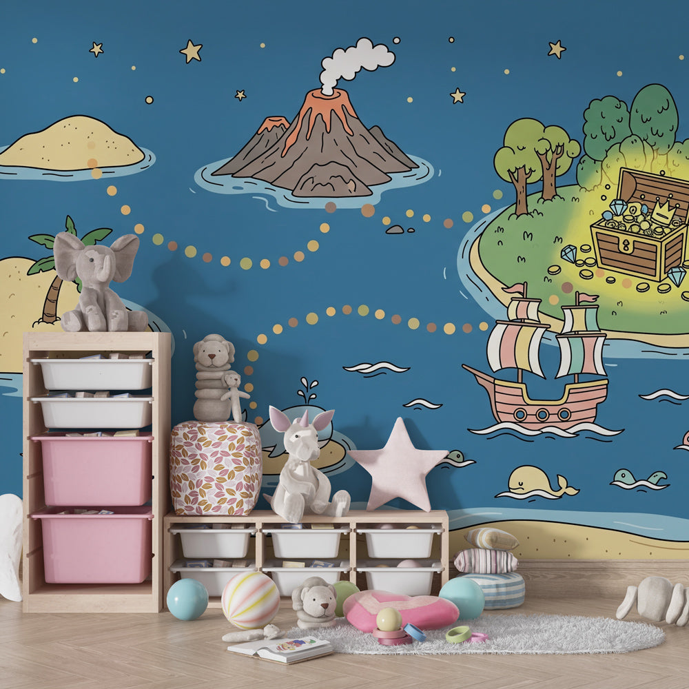 Ocean pirate themed mural wallpaper with treasure islands in children's bedroom setting