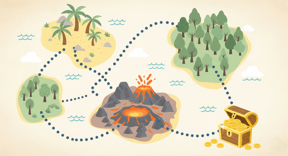 Detailed treasure map mural wallpaper design pattern with volcano and pirate elements by Kids-Mundo