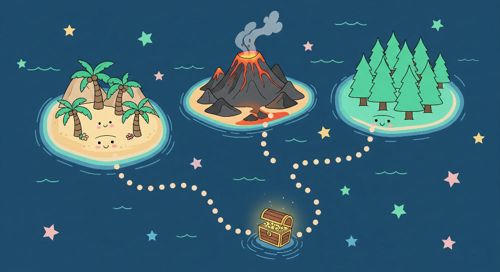 Detailed treasure map mural wallpaper design pattern with islands and pearl pathways by Kids-Mundo