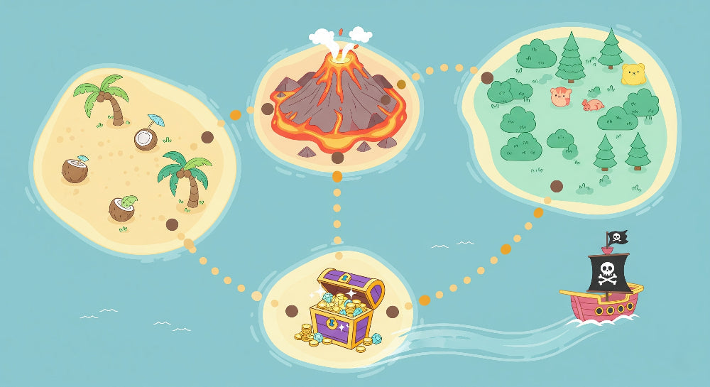 Detailed treasure map mural wallpaper design pattern with islands and pirate ships by Kids-Mundo