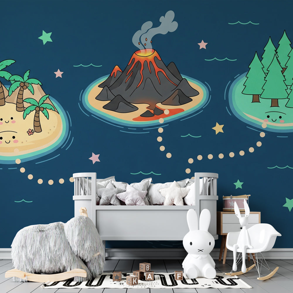 Colorful treasure map wallpaper with smiling islands and volcanoes in modern nursery decor