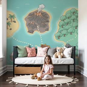 Treasure map mural wallpaper creating adventurous pirate-themed kids bedroom decor by Kids-Mundo