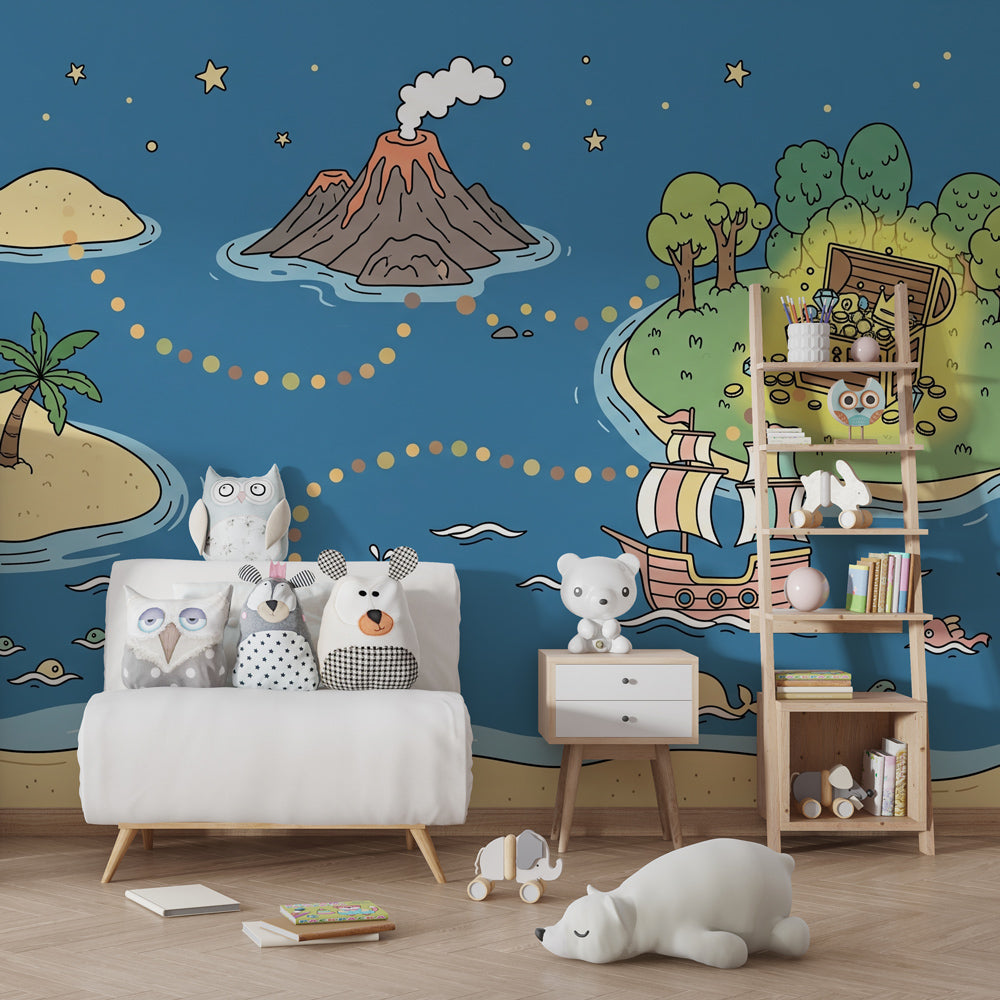 Blue ocean treasure map wallpaper featuring marine animals in kids playroom by Kids-Mundo