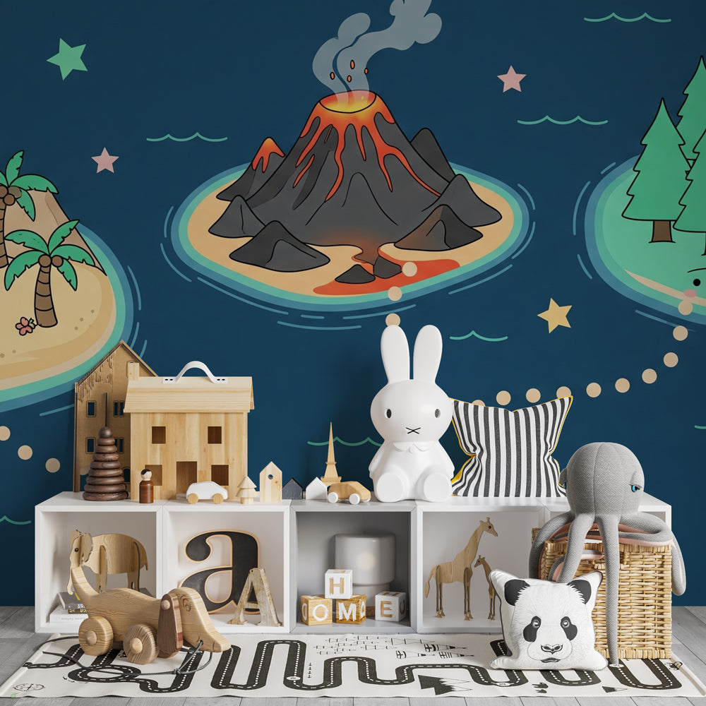 Adventure themed treasure map wallpaper transforming playroom into exploration zone for children