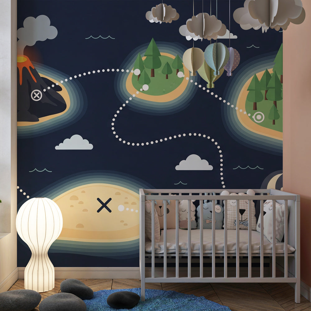 Pirate treasure map mural wallpaper transforming children's playroom into adventure zone by Kids-Mundo
