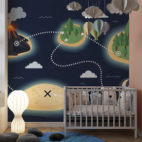 Pirate treasure map mural wallpaper transforming children's playroom into adventure zone by Kids-Mundo