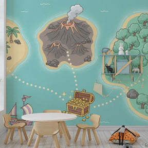Adventure treasure map mural wallpaper for children's playroom featuring tropical islands and treasure chest