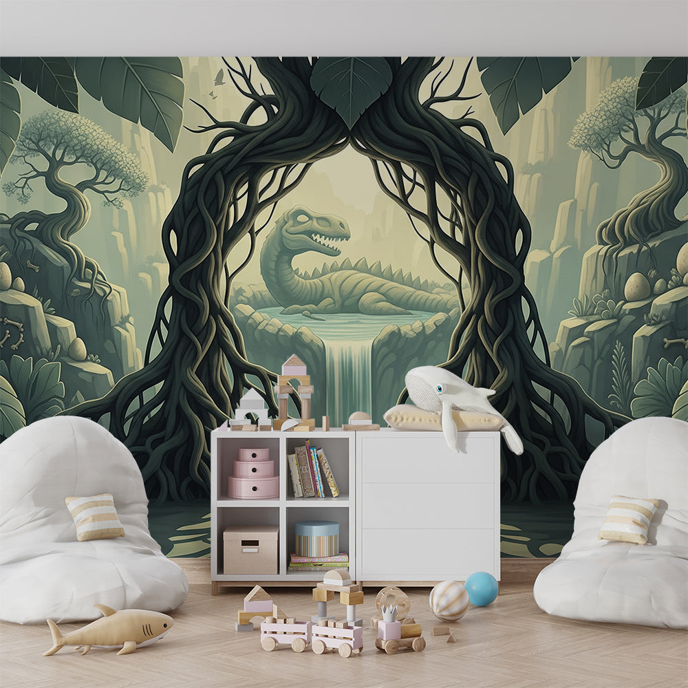 Kids-Mundo twisted tree dinosaur mural on a feature wall in a jungle-style kids bedroom.