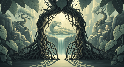 Kids-Mundo flat artwork of a twisted tree archway framing a resting dinosaur and hidden eggs.