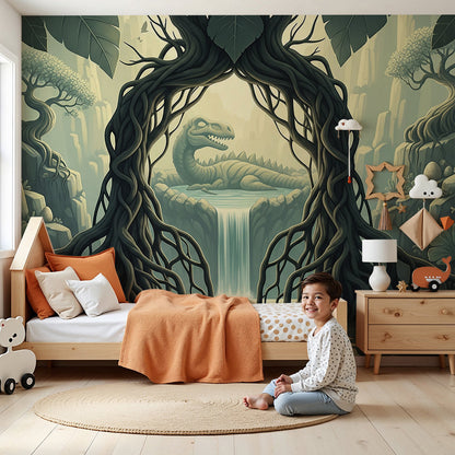 Kids-Mundo dinosaur nest wall mural in a calm sage green nursery beside a wooden cot.
