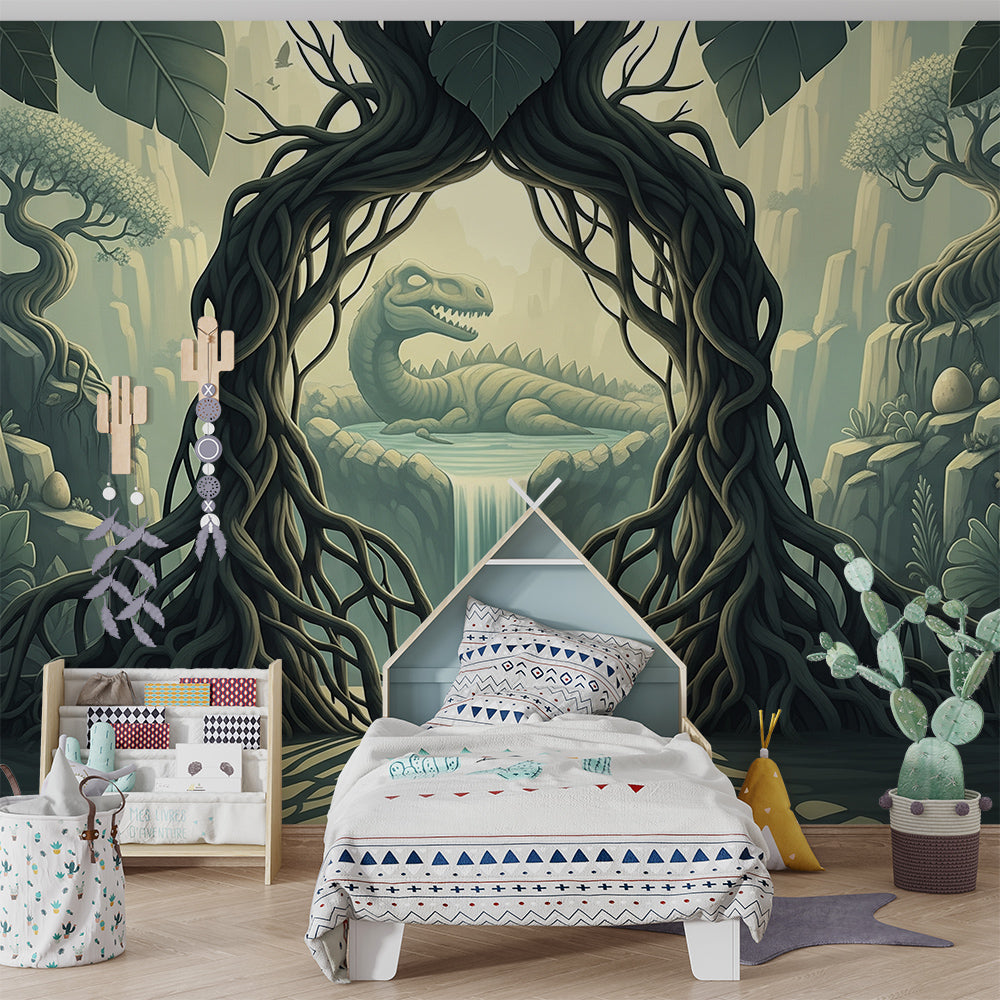 Kids-Mundo dinosaur nest mural brightening a wall in an active children's playroom.
