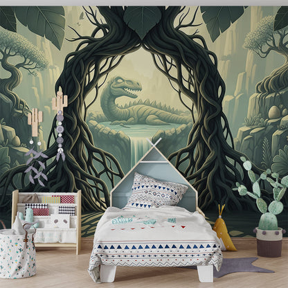 Kids-Mundo dinosaur nest mural brightening a wall in an active children's playroom.