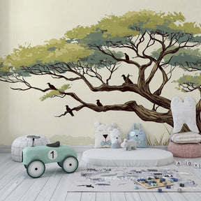 Majestic tree wallpaper with birds transforming children's bedroom into nature sanctuary