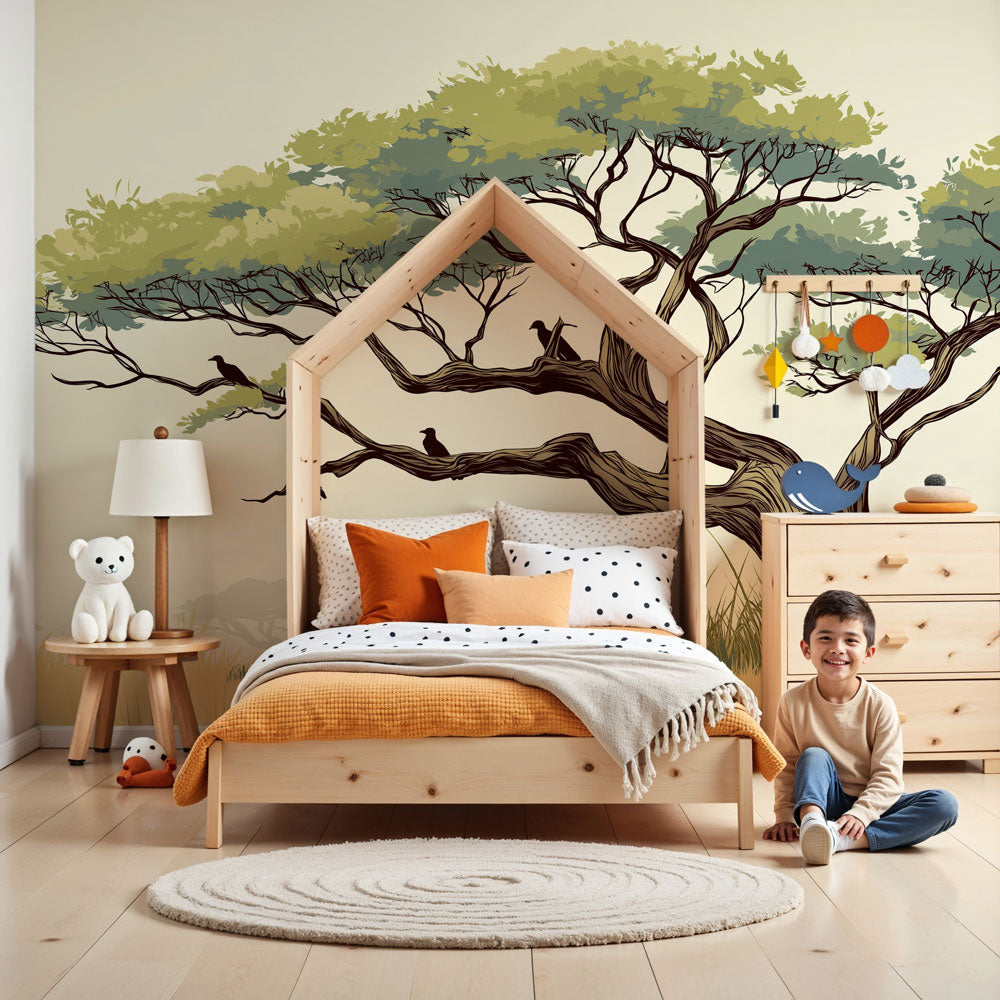 Tree and birds mural wallpaper creating peaceful nursery decor with natural green tones by Kids-Mundo