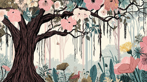 Detailed majestic tree mural wallpaper design pattern with colorful flowers by Kids-Mundo